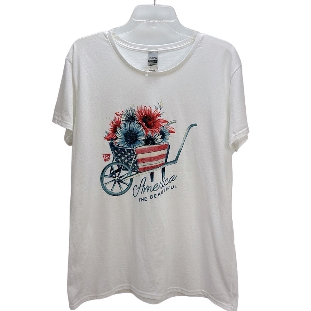 Gildan America the Beautiful T-Shirt Flowers Flag Red White Blue Stars S…‎